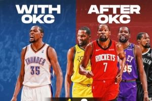 杜兰特雷霆生涯1MVP/0冠/17566分 后雷霆生涯0MVP/2冠/12955分